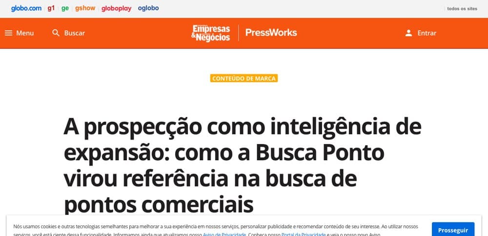 Página da Pequenas Empresas & Grandes Negócios com o selo Conteúdo de Marca e o título da publicação sobre a Busca Ponto