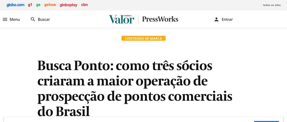 Página do Valor Econômico com o selo Conteúdo de Marca e o título da publicação sobre a Busca Ponto